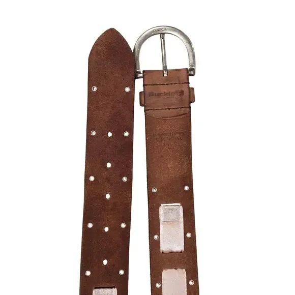 Brown Distressed Leather Belt Pink Satin Ribbon Silver Studs Brass Hardware Sz L